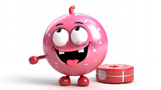 带可充电电池的白色背景吉祥物角色大粉色釉面甜甜圈的 3D 渲染
