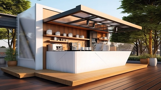 带菜单和横幅展示的建筑设计户外咖啡店的 3D 插图