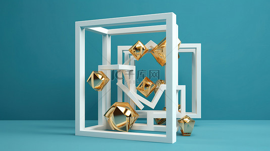 金色方形背景图片_抽象超现实主义艺术中具有原始几何形状的金色方形框架 3d 渲染的白色腿在蓝色背景下被隔离
