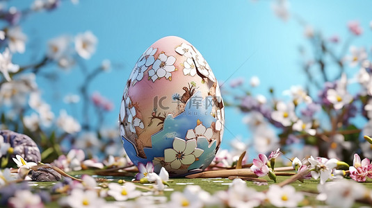 色彩绽放背景图片_春天花朵的 3D 渲染，旁边有破裂的复活节彩蛋，有充足的复制空间
