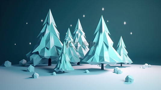 低聚松树与雪景 3d 呈现圣诞快乐和新年快乐的概念