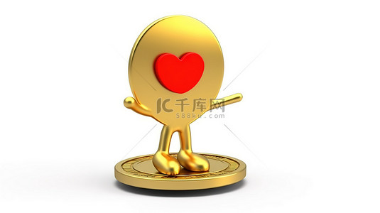 情人节人物背景图片_带有人物吉祥物和红心的白色背景金色忠诚计划奖金硬币的 3D 渲染