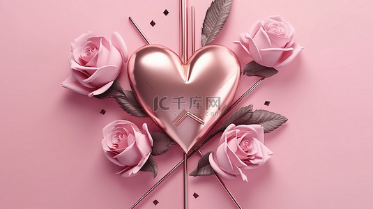 爱心箭头背景图片_情人节的 3D 渲染金属粉色心形和箭头玫瑰在抽象背景上