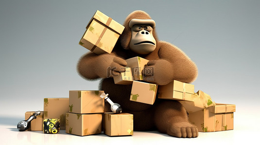 搞笑的 3D 大猩猩抓握盒子