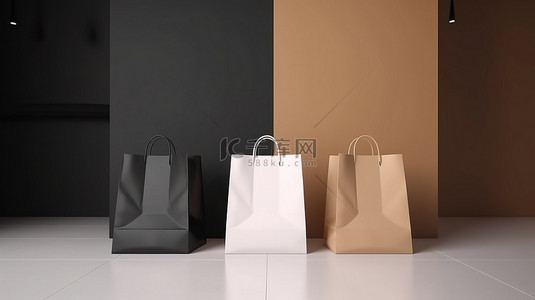 折扣白色背景图片_展示出售的空购物袋 3D 渲染