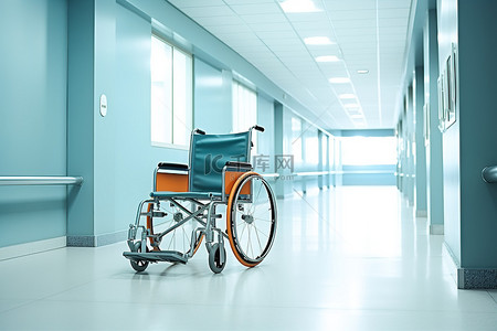 轮椅停在医院空荡荡的走廊里