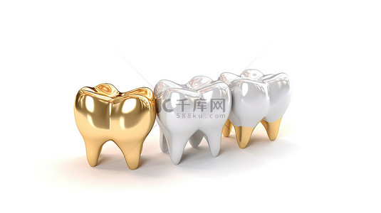 牙齿种植牙背景图片_3D 渲染闪亮健康的牙齿，在白色背景上隔离，用于牙科医学和健康