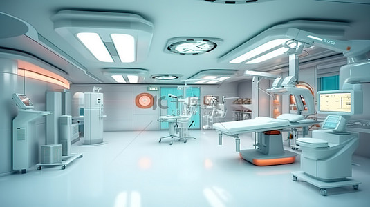手术背景图片_医疗设备和机器人 C 臂的无菌手术套件 3D 渲染