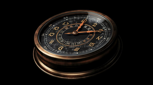 圆形时钟图标的黑色背景 3D 插图上的老式秒表