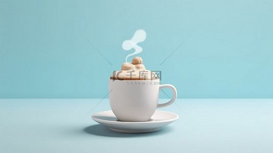 柔和的蓝天彩色咖啡牛奶，带有空白文本空间，极简主义 3D 渲染