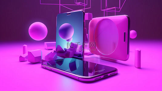 手机贴纸样机背景图片_元宇宙虚拟世界 3d 数字渲染在充满活力的粉紫色背景上