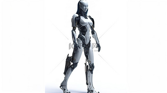白色背景上女性机器人机器人的全长 3D 渲染