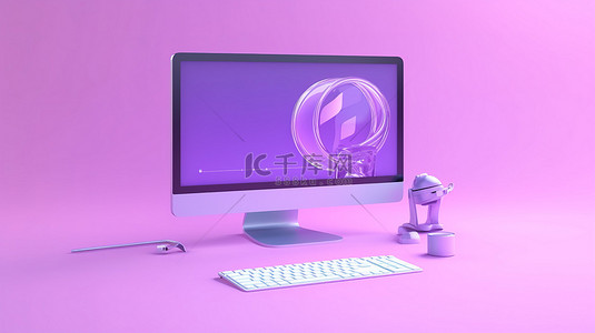 功能卡通背景图片_具有流线型设计和在线搜索功能 3D 渲染的紫色计算机