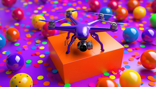 空中无人机在薰衣草背景 3D 模拟上充满活力的球体中投放礼物