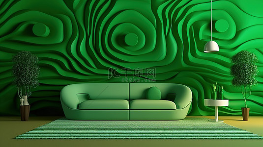 现代客厅采用中世纪现代设计和绿色图案墙背景 3D 渲染