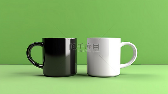 绿色背景咖啡和茶杯空白色和黑色杯子的 3D 渲染