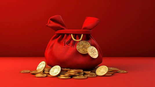 东方的背景图片_金色财富袋，带有鲜红色背景的硬币，用于中国庆祝活动 3D 插图