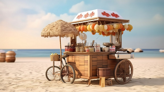 充满活力的 3D 渲染亚洲面条车，配有木椅，在热带海滩上供应肉丸街头食品