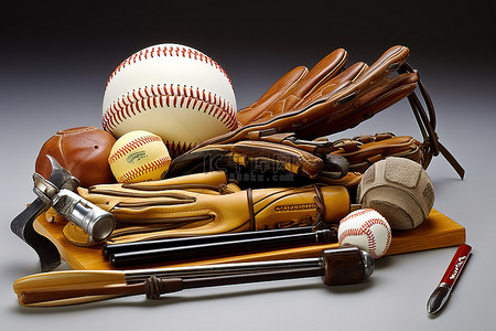 棒球运动背景图片_一个棒球手套球和一个手套架，放在装有运动器材的托盘上