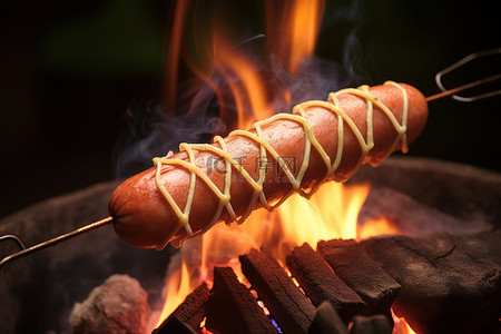 炸鸡猪蹄香肠背景图片_香肠热狗坐在炉子外面的棍子末端