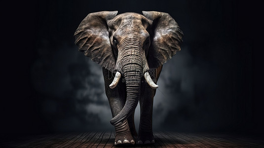 3D 渲染中神秘黑色背景下的巨大大象