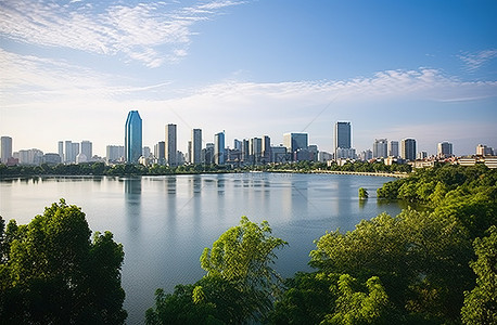 树木与天空背景图片_城市天际线天际线与树木在河上泰国东亚亚太地区