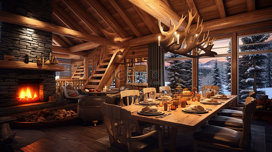 冬季豪华舒适小木屋的 3D 渲染，配有用餐区壁炉木地板和厨房