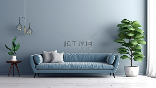 白色背景客厅内墙，配有蓝色布艺沙发和枕头，具有充足的右侧开放空间 3D 渲染