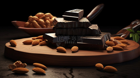 杏仁和黑巧克力片的渲染 3D 图像
