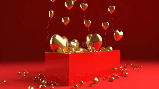 红金色球背景图片_情人节闪闪发光的金色气球字体，红色背景上的盒子里有光泽的心爆裂