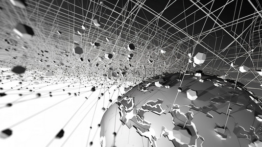 单色 3D 插图描绘信息传输和全球业务联系