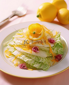 桌子上放着一盘卷心菜，旁边是柠檬