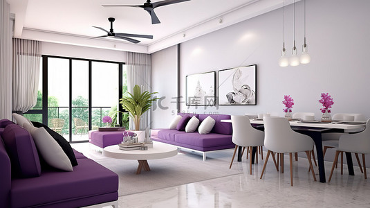 单联装饰画背景图片_现代客厅和餐厅混合 3D 渲染，突出优雅的白色装饰，并配有令人惊叹的紫色沙发