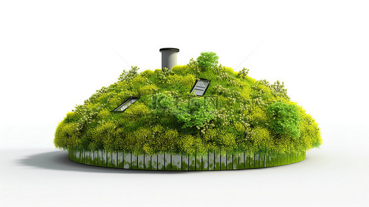 带有绿色屋顶的白色背景的独立 3D 插图