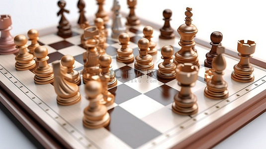 象棋游戏背景背景图片_游戏板上等距视图中显示的白色背景上棋子的 3D 渲染