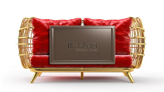 金色电视 3d 渲染在白色背景镀金屏障之间的红色枕头上休息