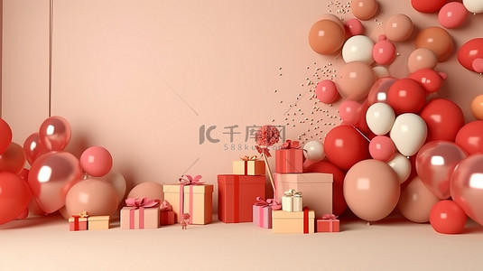 派对活动墙背景图片_空的米色墙装饰着充满活力的派对必需品礼品气球和礼物，非常适合生日活动和特殊场合 3D 渲染插图和模型