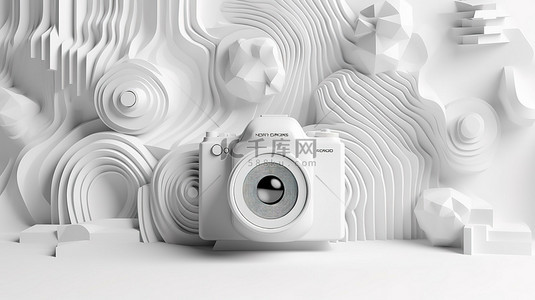 简约等背景图片_创新纸张概念简约理念，白色背景上的白色相机 3D 渲染插图