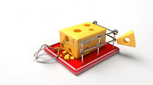 老鼠奶酪背景图片_白色背景上孤立的捕鼠器和奶酪的 3d 插图