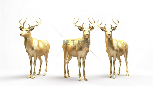 白色背景上 3d 渲染的金色三重驯鹿