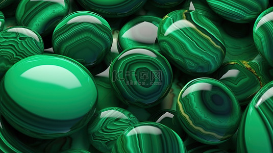 诱人的孔雀石宝石具有引人注目的绿色美感，带有纹理表面 3D 插图
