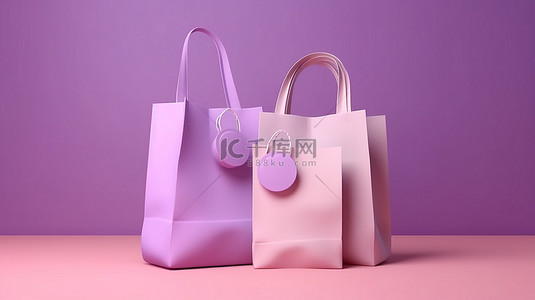 简约销售横幅紫色柔和背景 3d 渲染购物袋钱硬币和纸币在网站上进行折扣促销