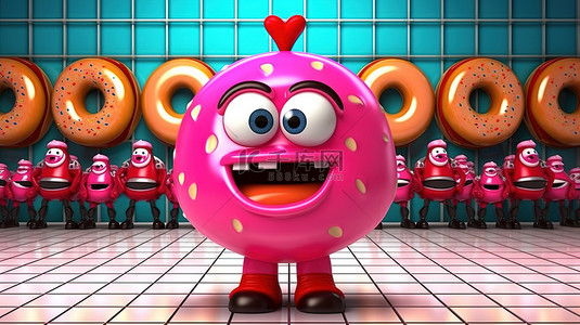 3D 渲染大釉面甜甜圈吉祥物与粉红色草莓味在照片背景下的极端特写