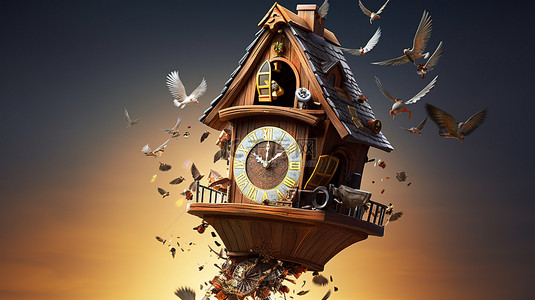 老式时钟背景图片_传统布谷鸟钟的 3D 图形