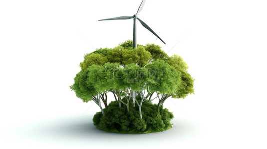 用电背景背景图片_生态能源白色背景与风力涡轮机地球仪和树木的 3D 渲染