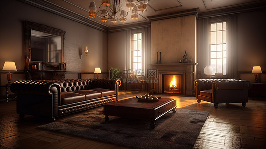 温暖壁炉背景图片_宽敞的客厅配有温暖的壁炉和豪华的真皮沙发，以 3D 渲染的方式栩栩如生