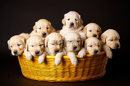 小狗和黄色篮子里的小狗