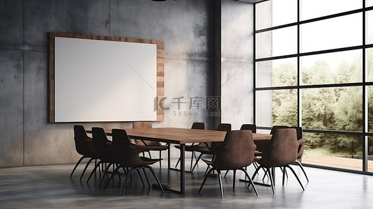 会议室墙背景图片_包裹在混凝土墙模型框架中的会议室的 3d 渲染