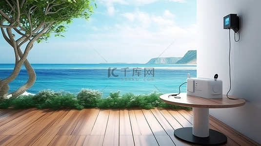绿色街景背景图片_现代沿海智能家居充电站 3D 渲染，带海景露台