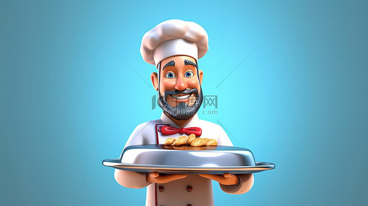 美味的菜肴背景图片_卡通风格 3D 插图，厨师拿着银托盘，上面有菜肴演示